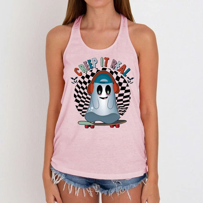 Funny Halloween Creep It Real Skateboarding Ghost Women's Knotted Racerback Tank