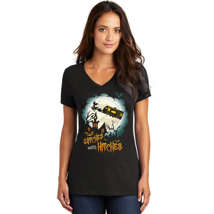 Funny Halloween Camping Witches With Hitches Women's V-Neck T-Shirt