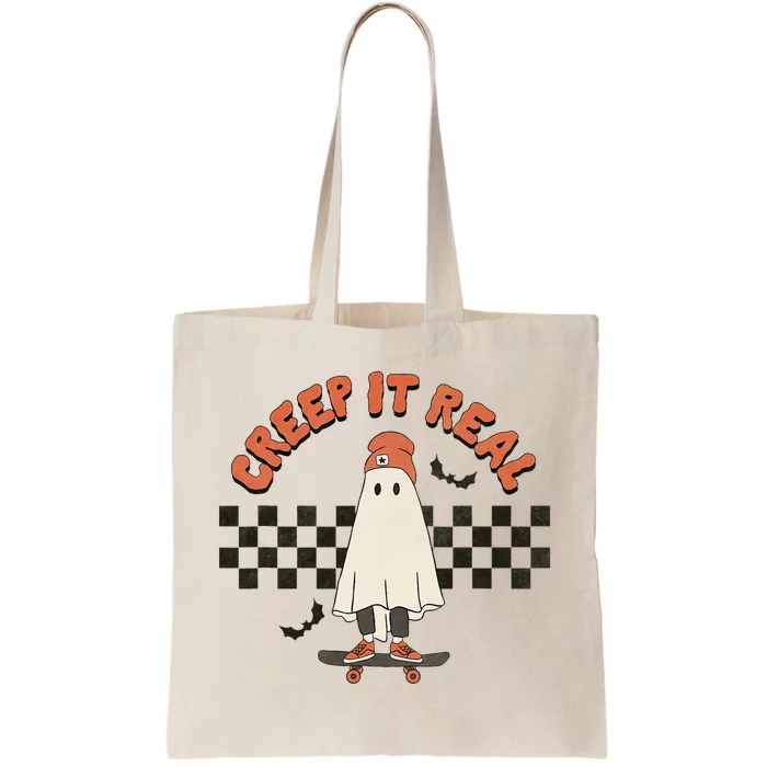 Funny Halloween Creep It Real Retro Skateboarding Ghost Tote Bag