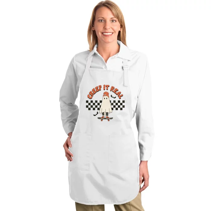 Funny Halloween Creep It Real Retro Skateboarding Ghost Full-Length Apron With Pocket