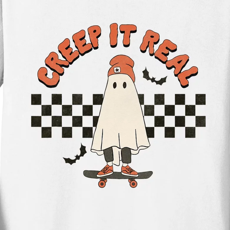 Funny Halloween Creep It Real Retro Skateboarding Ghost Kids Long Sleeve Shirt