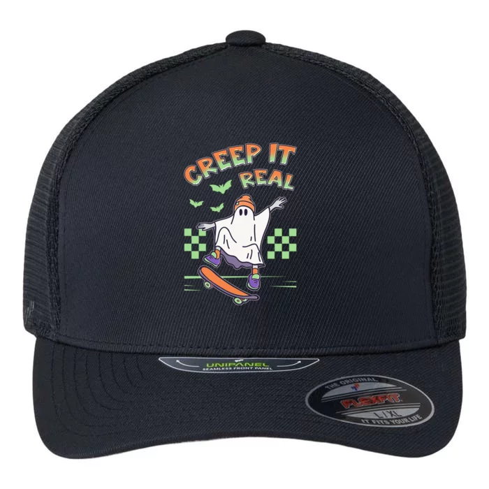 Funny Halloween Creep It Real Skater Skateboarding Ghost Flexfit Unipanel Trucker Cap