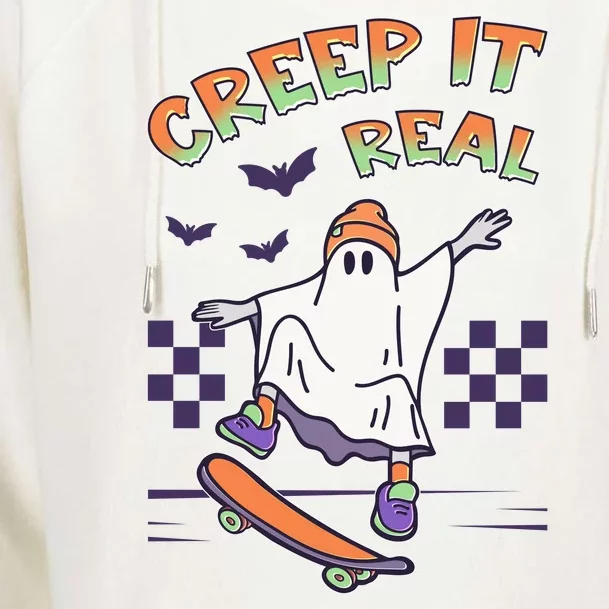 Funny Halloween Creep It Real Skater Skateboarding Ghost Womens Funnel Neck Pullover Hood