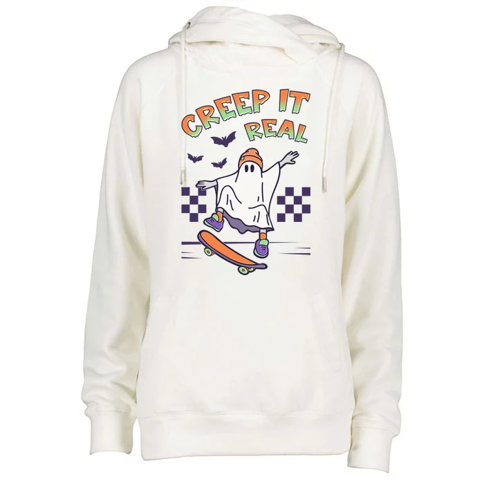 Funny Halloween Creep It Real Skater Skateboarding Ghost Womens Funnel Neck Pullover Hood