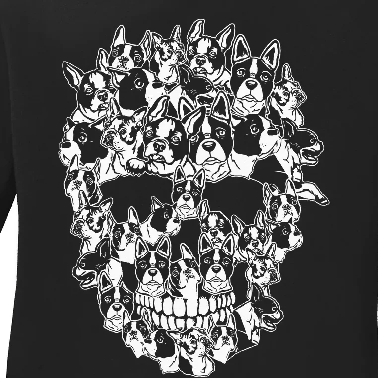 Funny Halloween Costume Skull Boston Terrier Dog Lover Ladies Long Sleeve Shirt