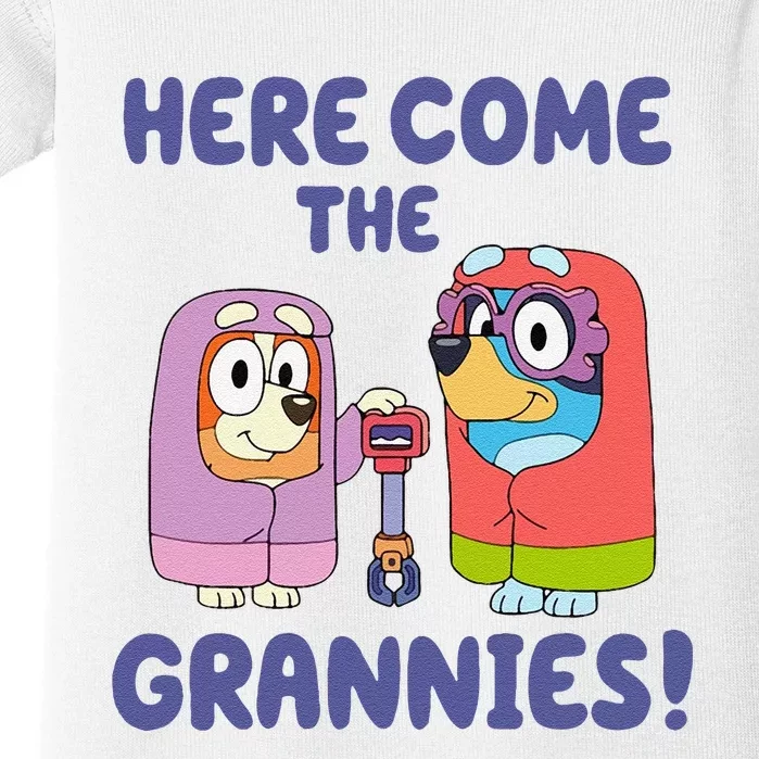 Funny Here Come The Grannies Bluyye Grannies Gift Baby Bodysuit