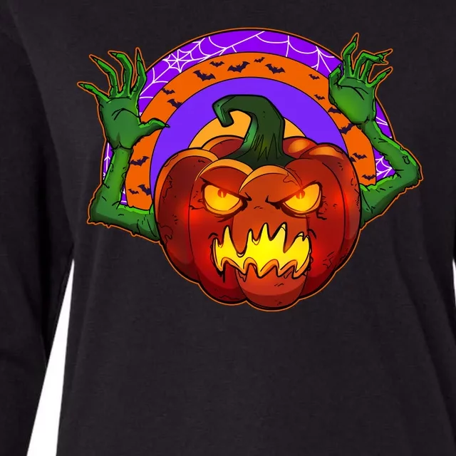 Funny Halloween Creepy Jackolantern Pumpkin Womens Cotton Relaxed Long Sleeve T-Shirt