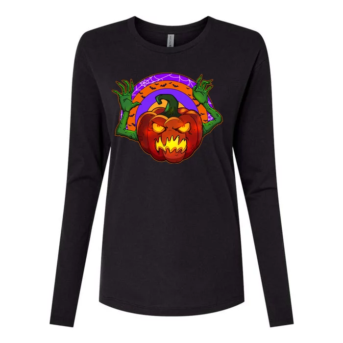 Funny Halloween Creepy Jackolantern Pumpkin Womens Cotton Relaxed Long Sleeve T-Shirt