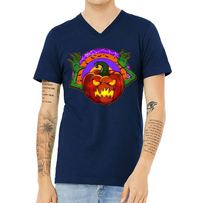 Funny Halloween Creepy Jackolantern Pumpkin V-Neck T-Shirt