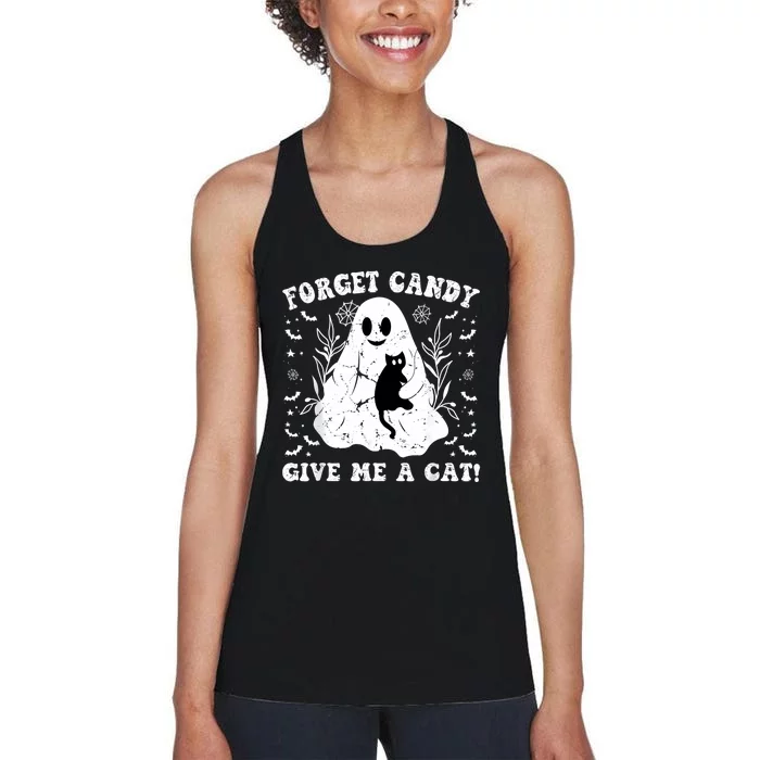 Funny Halloween Cat Ghost Forget Candy Give Me Cat Halloween Women's Racerback Tank