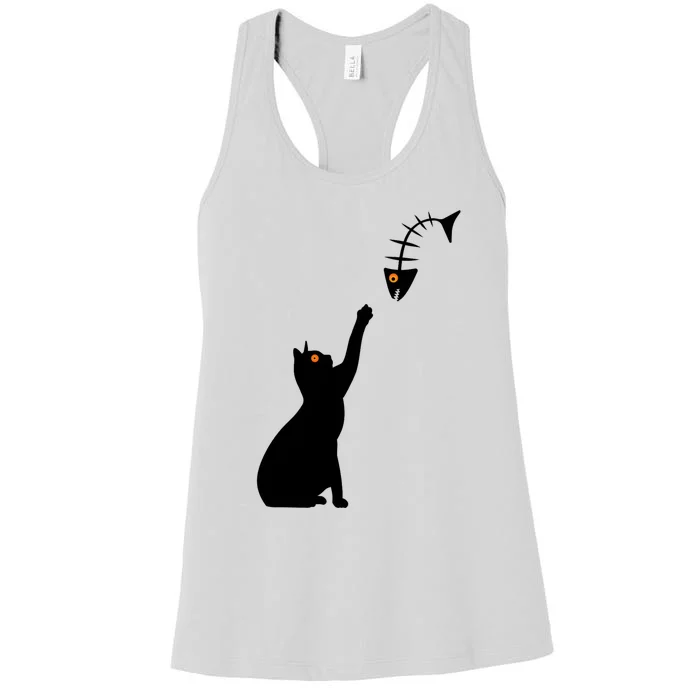 Funny Halloween Cat Wants To Catch A Fish Skeleton Women's Racerback Tank