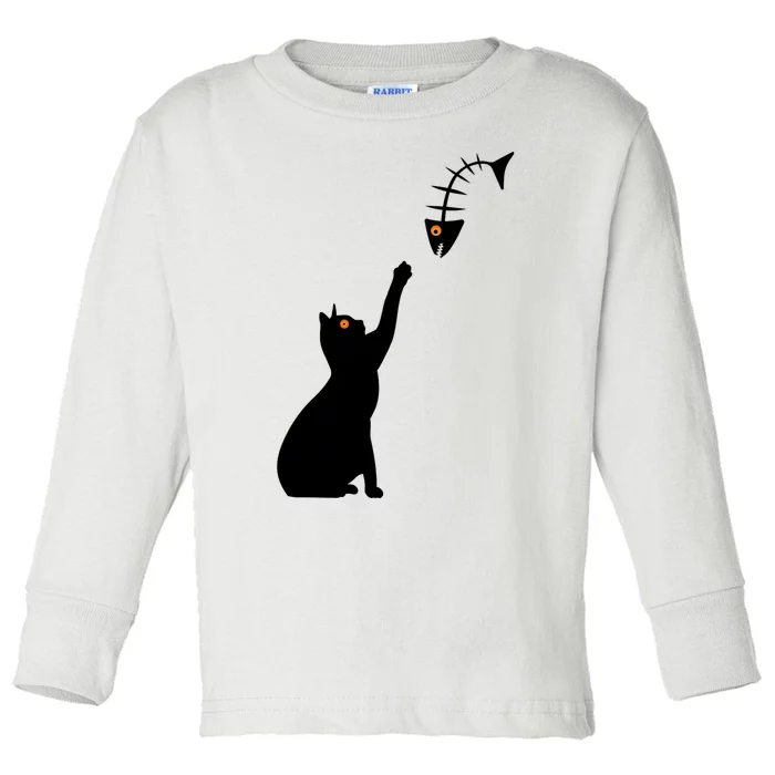 Funny Halloween Cat Wants To Catch A Fish Skeleton Toddler Long Sleeve Shirt