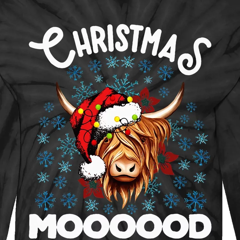 Festive Highland Cow Santa Hat for Cow Lovers Tie-Dye Long Sleeve Shirt