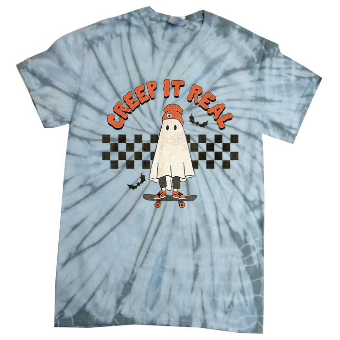 Funny Halloween Creep It Real Retro Skateboarding Ghost Tie-Dye T-Shirt