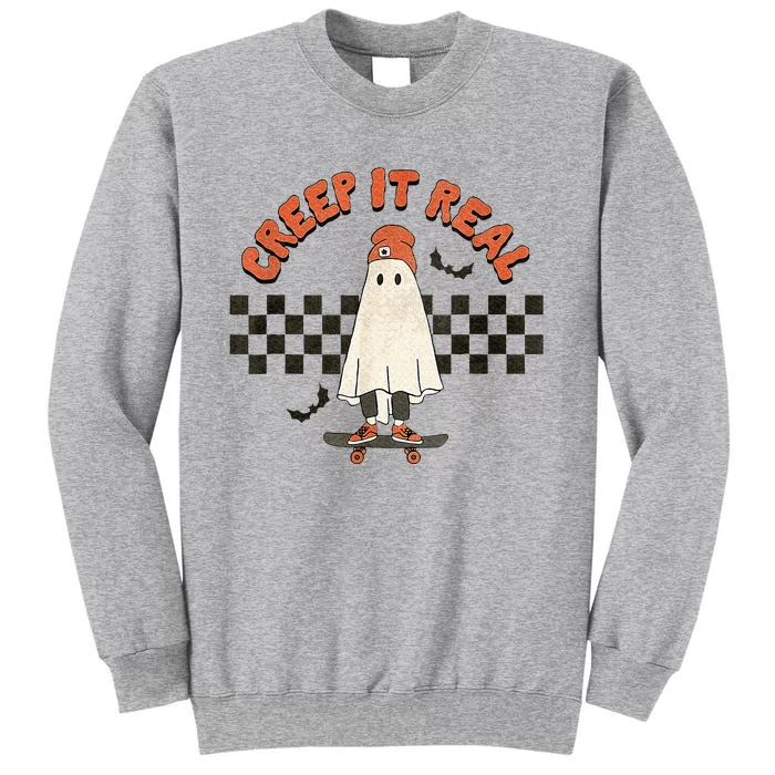 Funny Halloween Creep It Real Retro Skateboarding Ghost Tall Sweatshirt