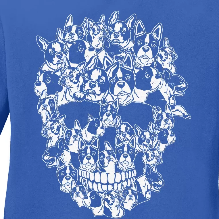 Funny Halloween Costume Skull Boston Terrier Dog Lover Ladies Long Sleeve Shirt