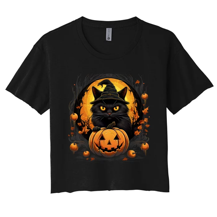 Funny Halloween Cat Costume Pumpkin Cat Black Cat Halloween Women's Crop Top Tee