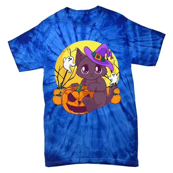 Funny Halloween Cute Cat Pumpkin Witch Hat Costume Tie-Dye T-Shirt