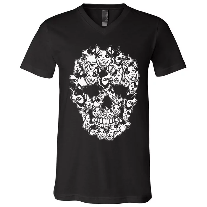 Fun Halloween Costume Skull Australian Cattle Dog Lover V-Neck T-Shirt