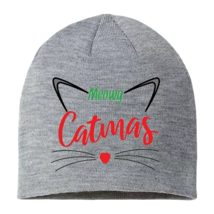 Funny Holiday Christmas Cat Gift Meowy Catmas Funny Cat Great Gift 8 1/2in Sustainable Knit Beanie