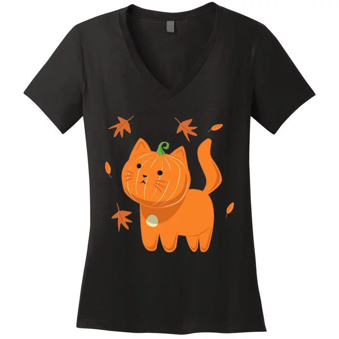 Funny Halloween Cat Cat Pumpkin Jack O Lantern Gift Women's V-Neck T-Shirt