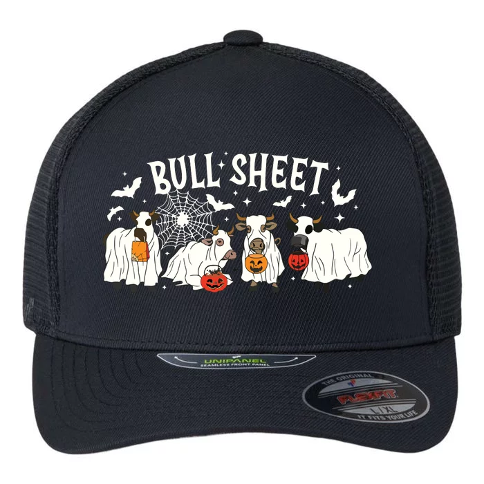 Funny Halloween Cow Bull Sheet Cow Ghost Spooky Season Farm Flexfit Unipanel Trucker Cap