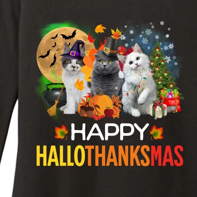 Funny Halloween Christmas Happy Hallothanksmas Cats Womens CVC Long Sleeve Shirt