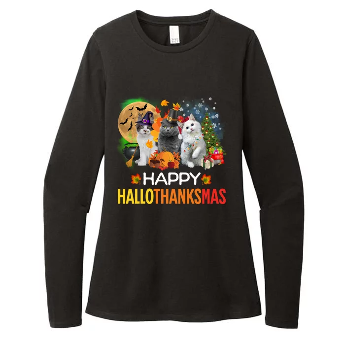 Funny Halloween Christmas Happy Hallothanksmas Cats Womens CVC Long Sleeve Shirt