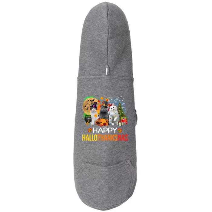 Funny Halloween Christmas Happy Hallothanksmas Cats Doggie 3-End Fleece Hoodie