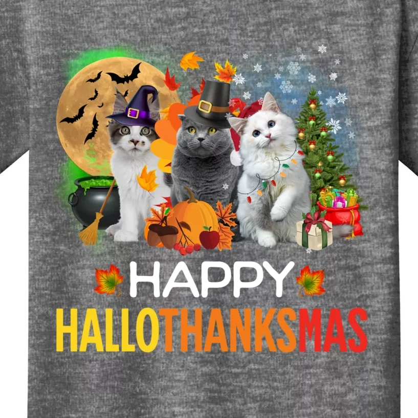 Funny Halloween Christmas Happy Hallothanksmas Cats Kids T-Shirt