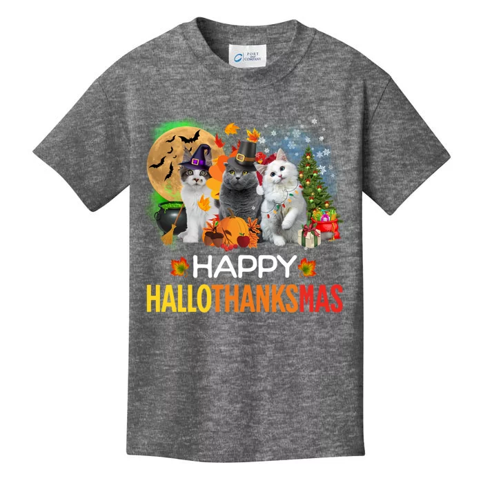 Funny Halloween Christmas Happy Hallothanksmas Cats Kids T-Shirt