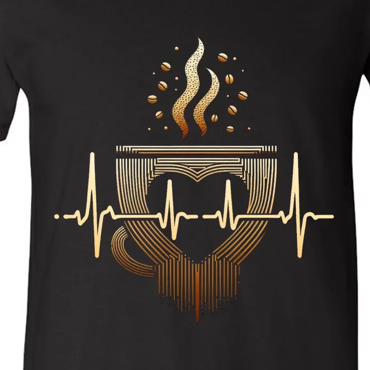 Funny Heartbeat Coffee Coffee Cup Frequency V-Neck T-Shirt