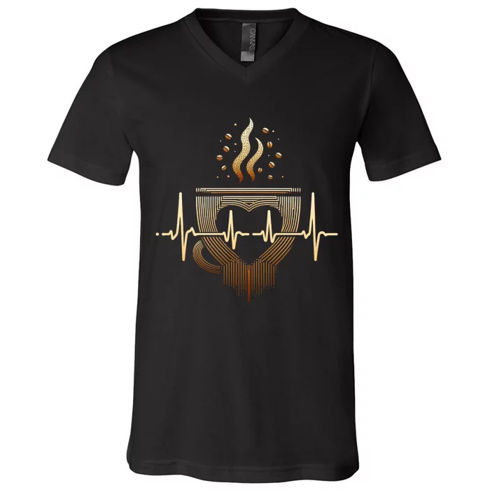 Funny Heartbeat Coffee Coffee Cup Frequency V-Neck T-Shirt