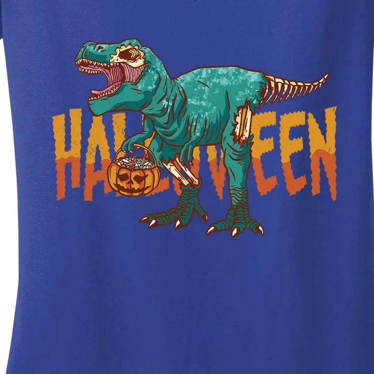 Funny Halloween Dinosaur Zombie T Rex Trick Rawr Treat Gift Women's V-Neck T-Shirt