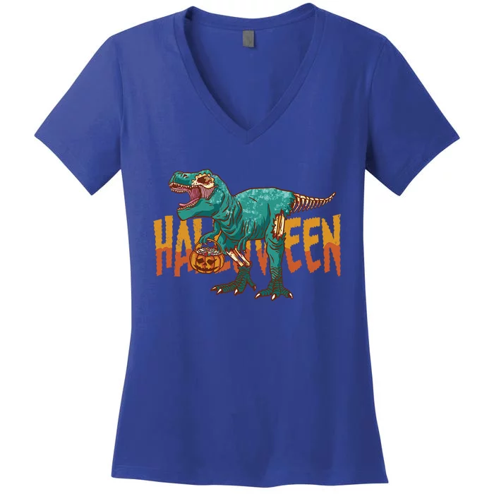 Funny Halloween Dinosaur Zombie T Rex Trick Rawr Treat Gift Women's V-Neck T-Shirt