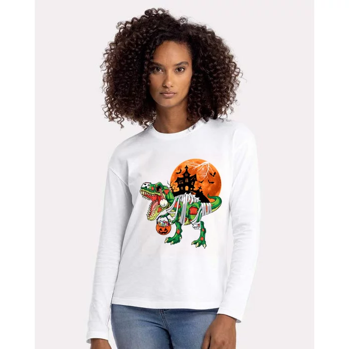 Funny Halloween Dinosaur Mummy T Rex Scary Pumpkin Moon Sweat Womens Cotton Relaxed Long Sleeve T-Shirt