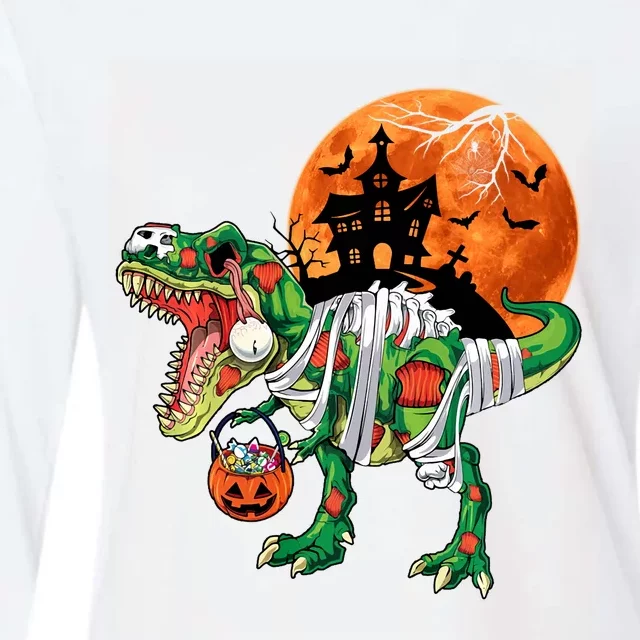 Funny Halloween Dinosaur Mummy T Rex Scary Pumpkin Moon Sweat Womens Cotton Relaxed Long Sleeve T-Shirt