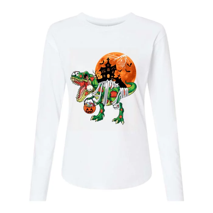 Funny Halloween Dinosaur Mummy T Rex Scary Pumpkin Moon Sweat Womens Cotton Relaxed Long Sleeve T-Shirt