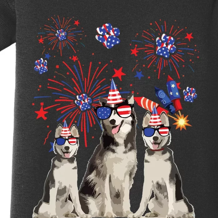 Funny Husky Dogs American Flag Lover Happy 4th Of July Baby Bodysuit