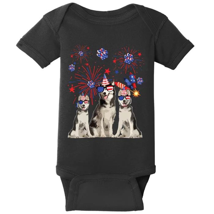 Funny Husky Dogs American Flag Lover Happy 4th Of July Baby Bodysuit