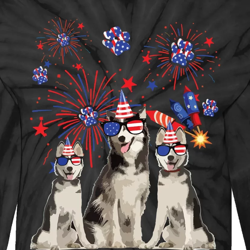 Funny Husky Dogs American Flag Lover Happy 4th Of July Tie-Dye Long Sleeve Shirt