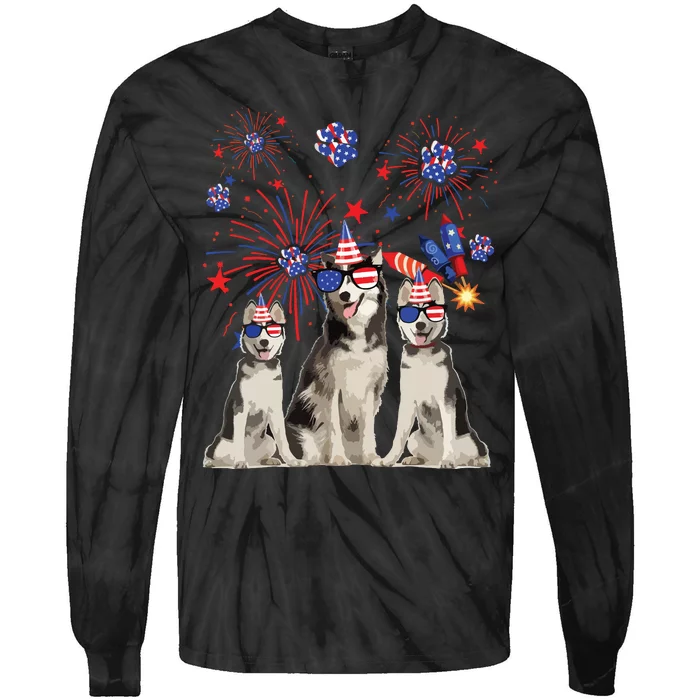 Funny Husky Dogs American Flag Lover Happy 4th Of July Tie-Dye Long Sleeve Shirt