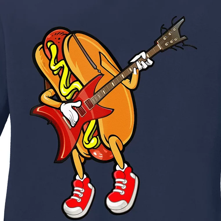 Funny Hot Dog Guitar Player Ladies Long Sleeve Shirt