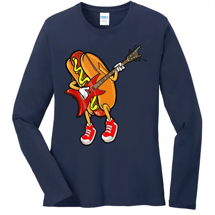 Funny Hot Dog Guitar Player Ladies Long Sleeve Shirt