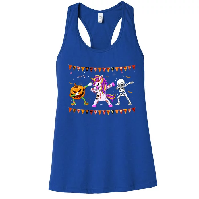 Funny Halloween Dabbing Skeleton Unicorn Zombie Pumpkin Dab Funny Gift Women's Racerback Tank