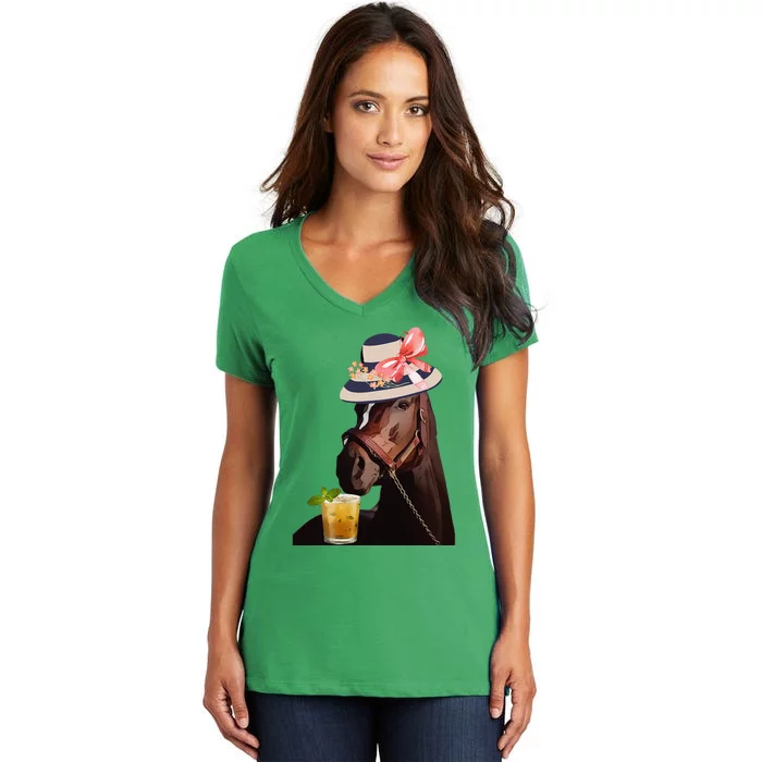 Funny Horse Derby Party Blue Classic Fit Round Women's V-Neck T-Shirt