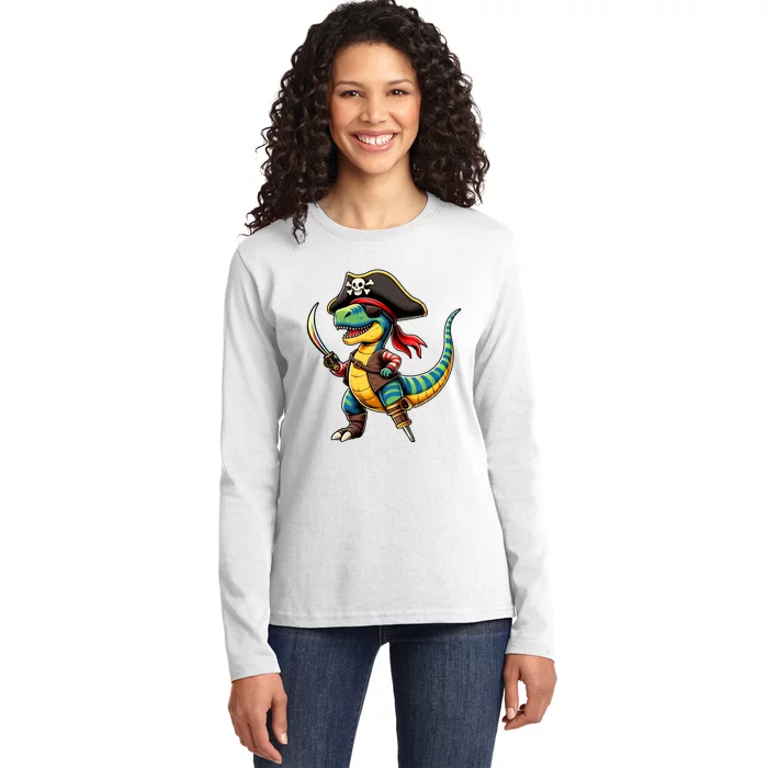 Funny Halloween Dinosaur Trex Pirate Ladies Long Sleeve Shirt