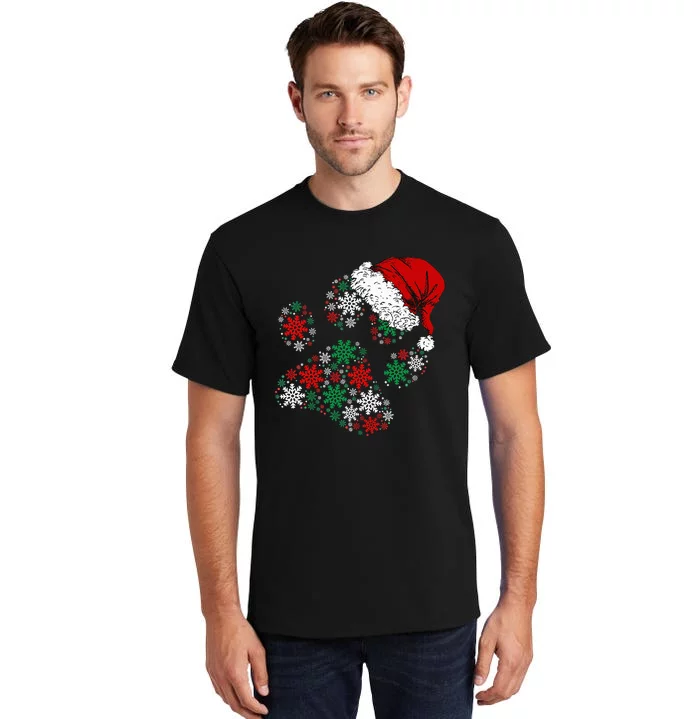 Festive Holiday Dog Paws with Santa Hat and Snowflake Lights Tall T-Shirt