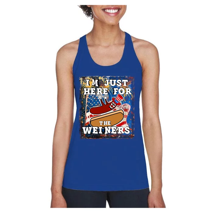 Funny Hot Dog Independence Day I’M Just Here For The Weiners Gift Women's Racerback Tank