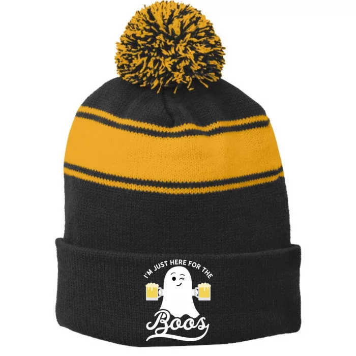 Funny Halloween Drinking Beer IM Just Here For The Boos Stripe Pom Pom Beanie